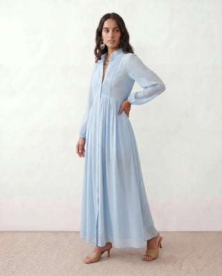 Raissa Wedding Guest Button Front Maxi Dress in Light Blue — side view