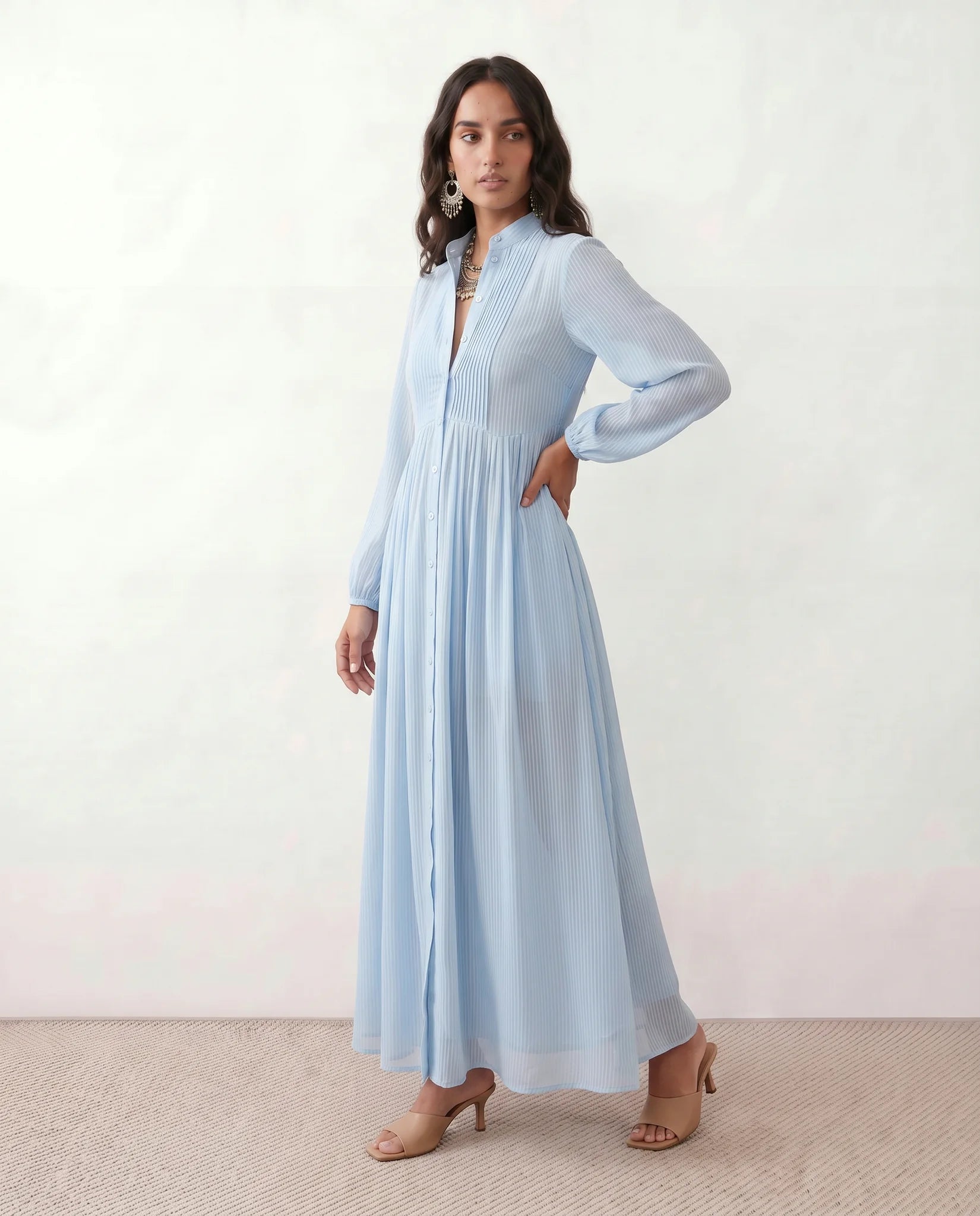 Raissa Wedding Guest Button Front Maxi Dress in Light Blue — side view