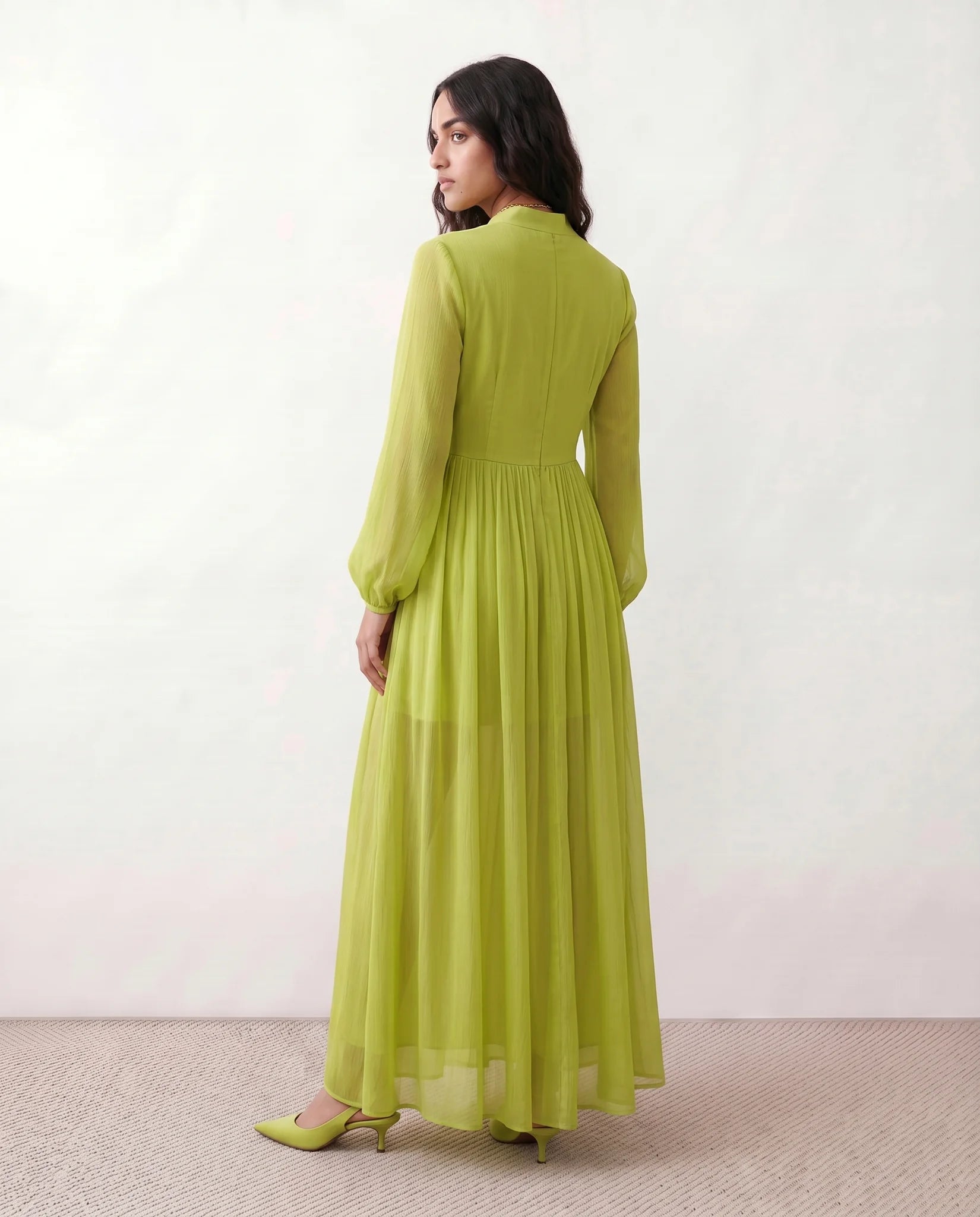 Raissa Wedding Guest Button Front Maxi Dress in Lime — back view