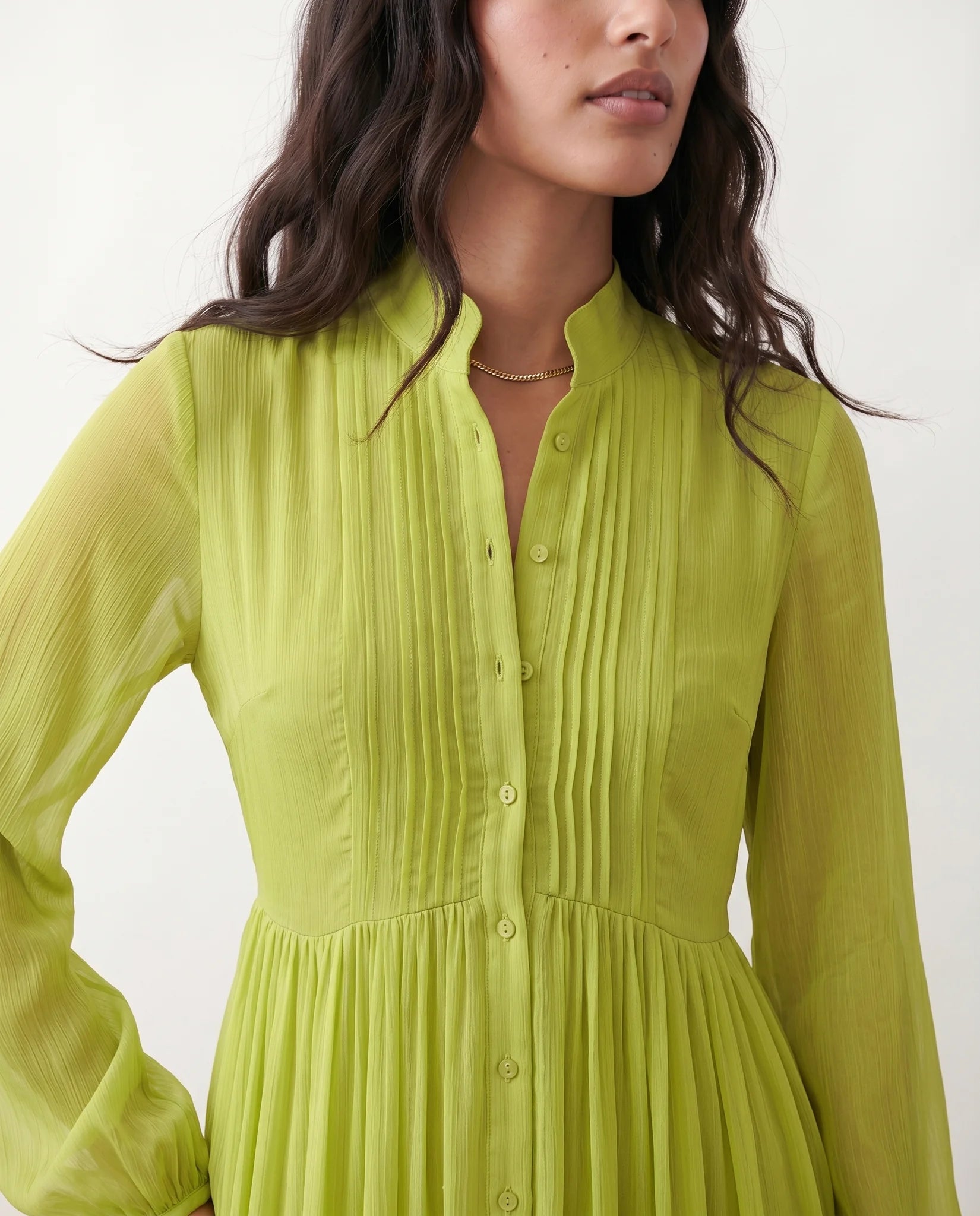 Raissa Wedding Guest Button Front Maxi Dress in Lime — detail close-up