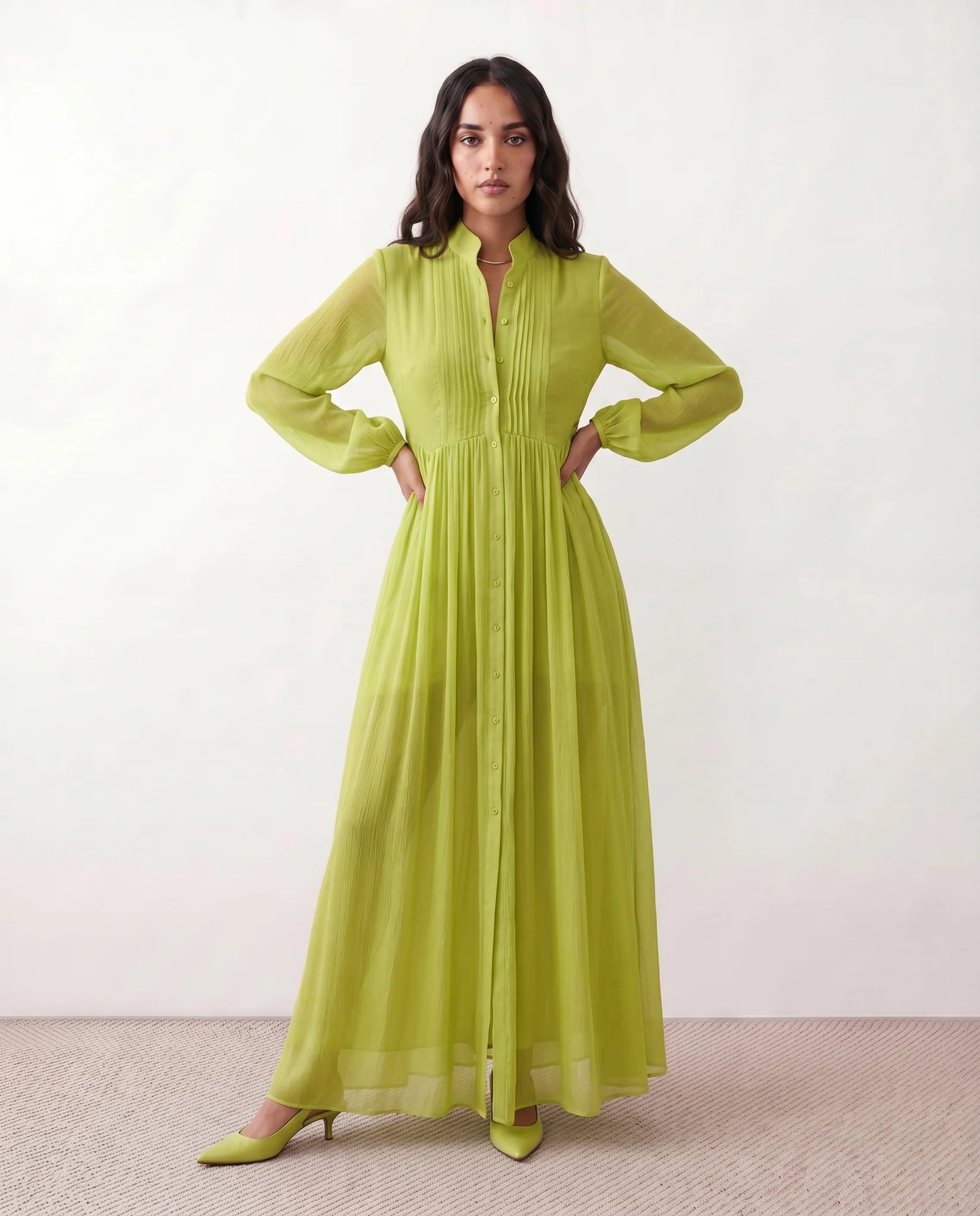 Raissa Wedding Guest Button Front Maxi Dress in Lime — front view