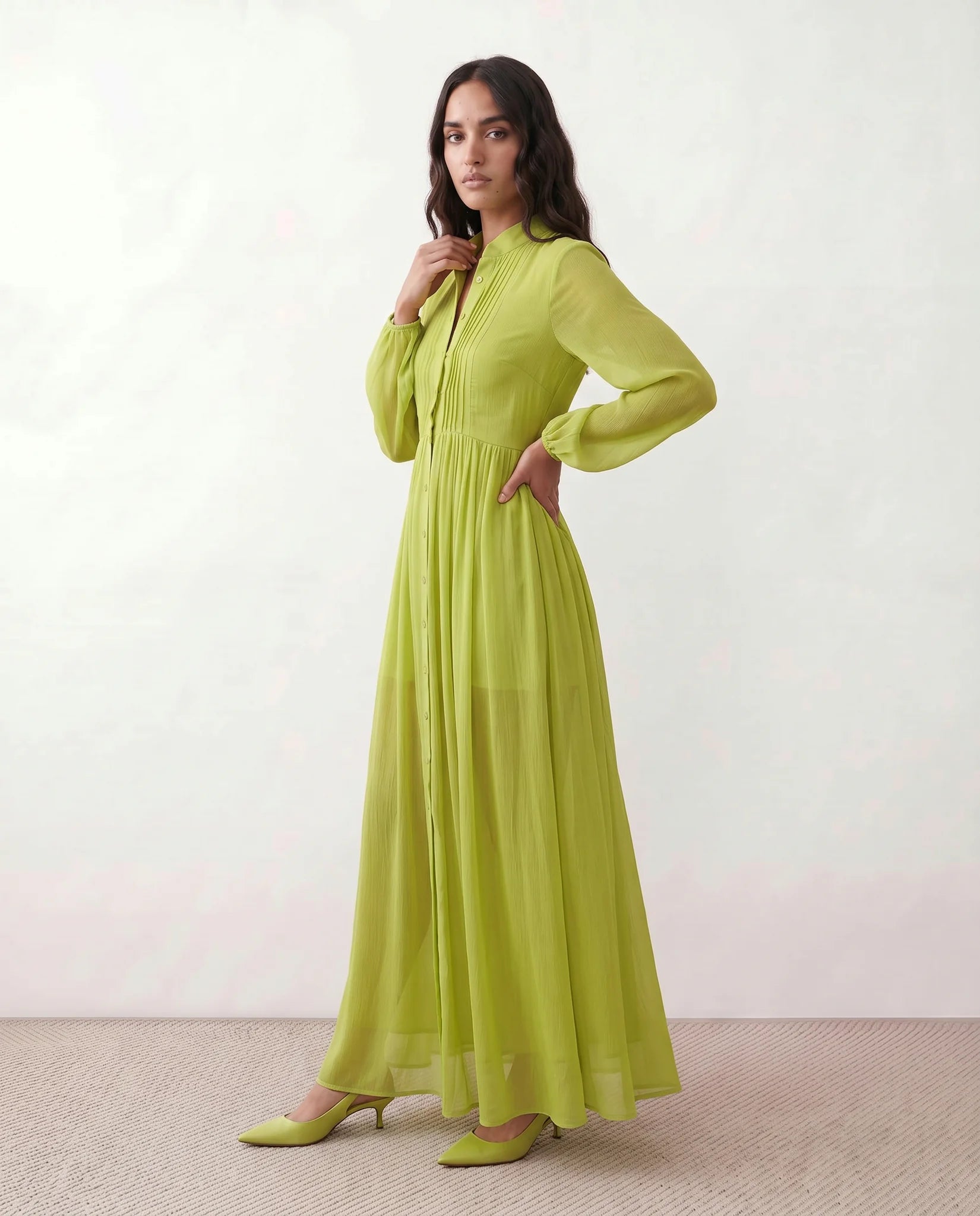 Raissa Wedding Guest Button Front Maxi Dress in Lime — side view