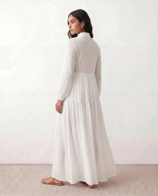 Raissa Wedding Guest Button Front Maxi Dress in White — back view