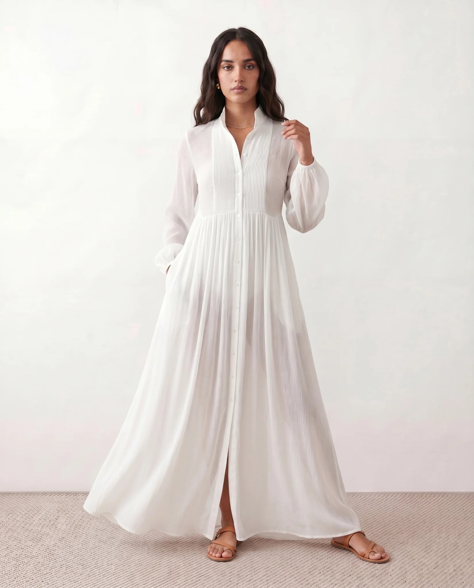 Raissa Wedding Guest Button Front Maxi Dress in White — front view
