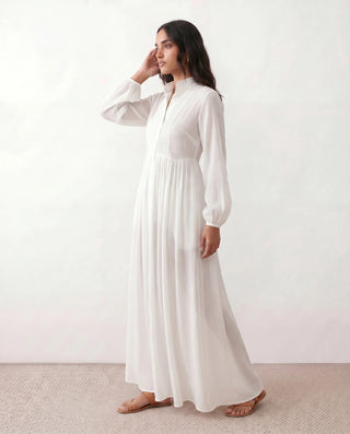 Raissa Wedding Guest Button Front Maxi Dress in White — side view