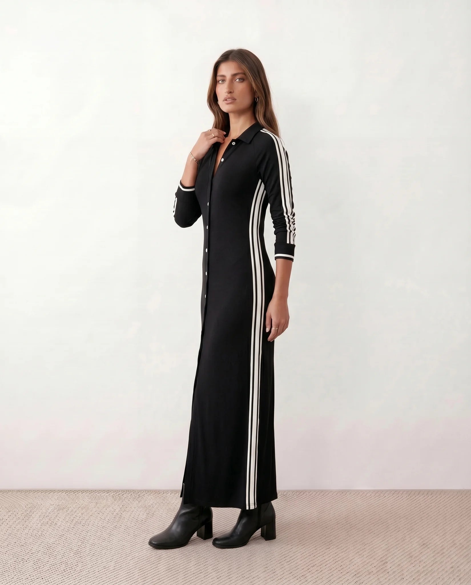Cinthya V-Neck Striped Maxi Dress in Black — side view