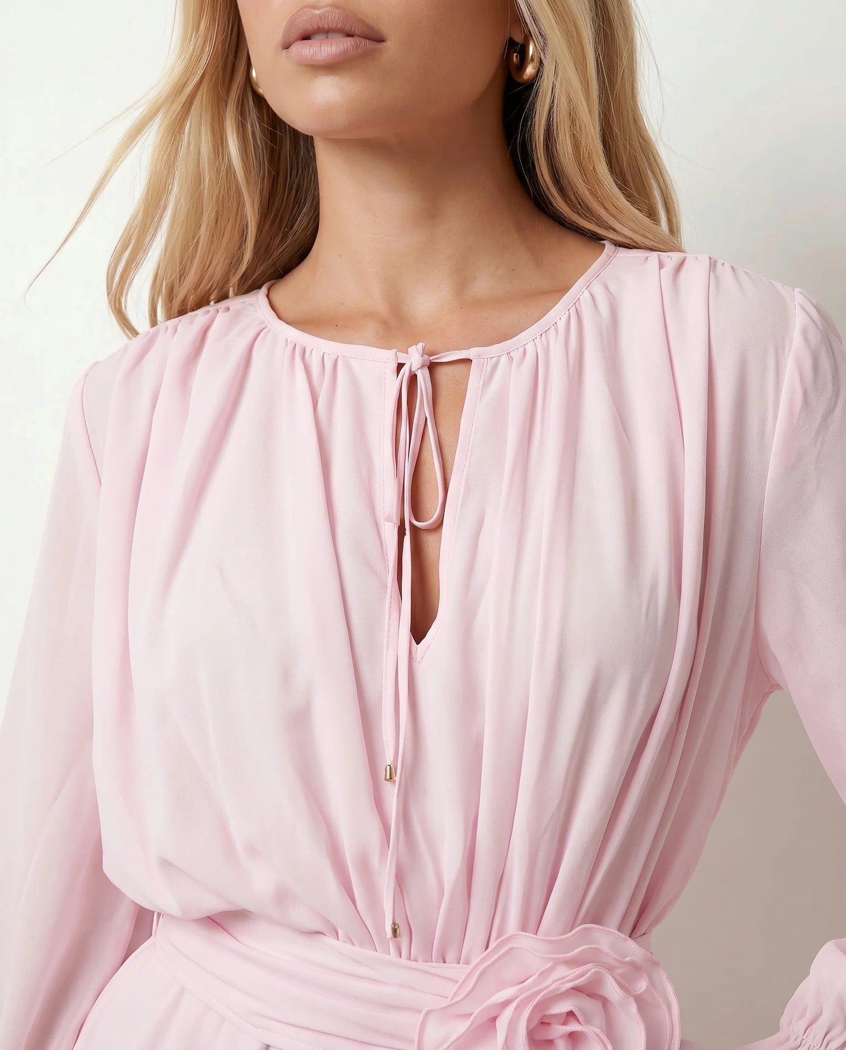 Michela Pleated Tie Detail Mini Dress in Pink — detail close-up