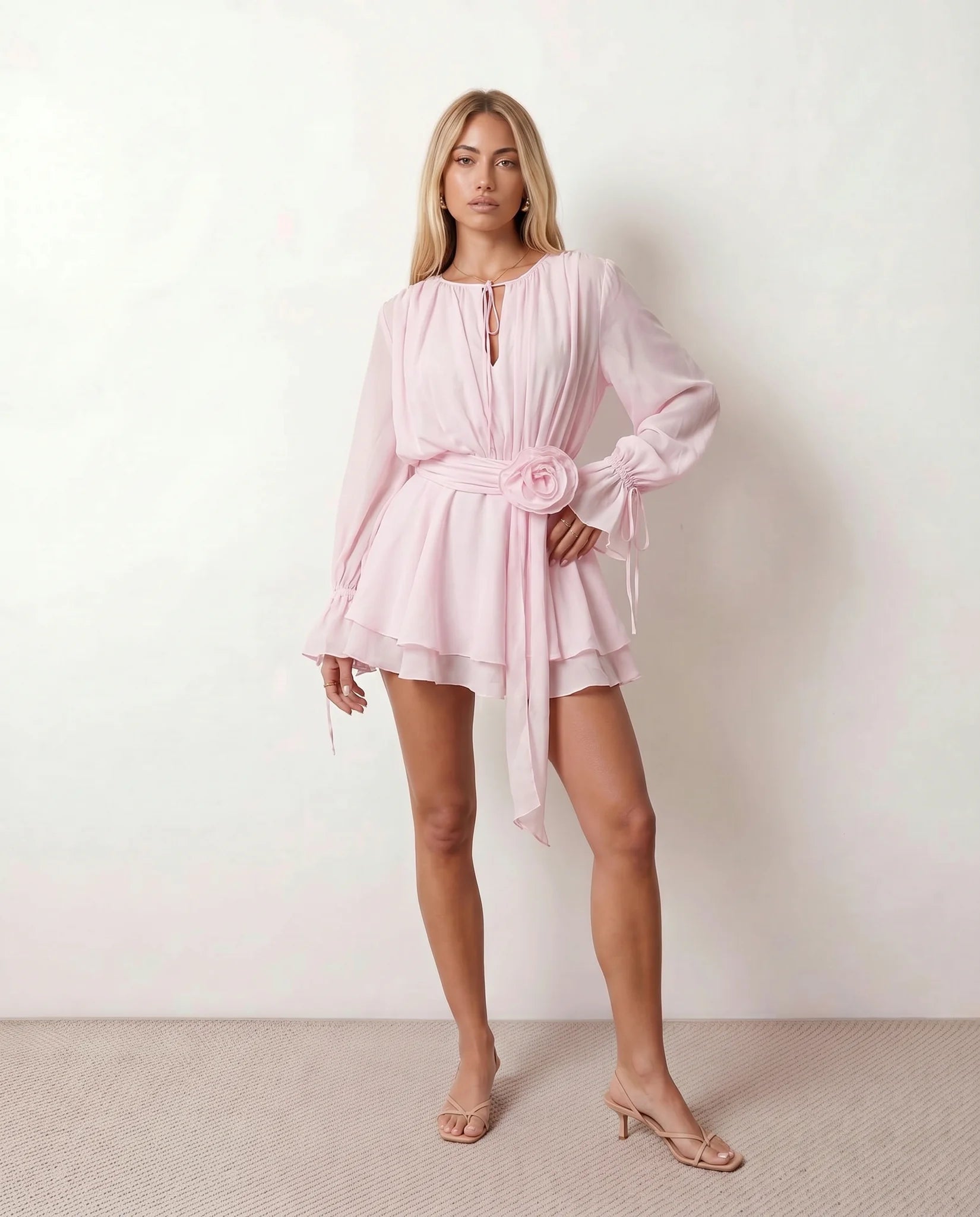 Michela Pleated Tie Detail Mini Dress in Pink — front view