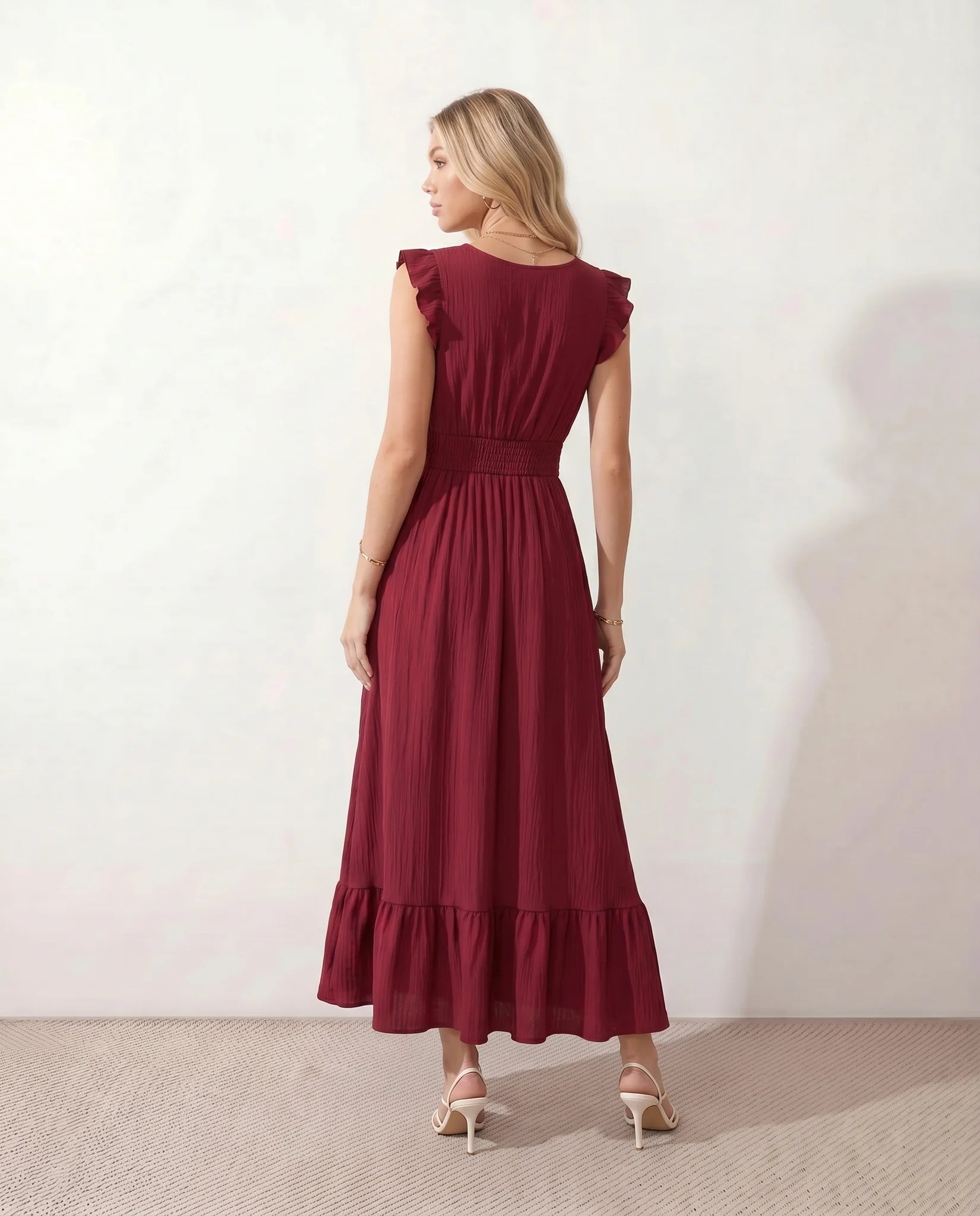 Mirtha Low Back Ruffle Detail Midi Dress in Burgundy — back view