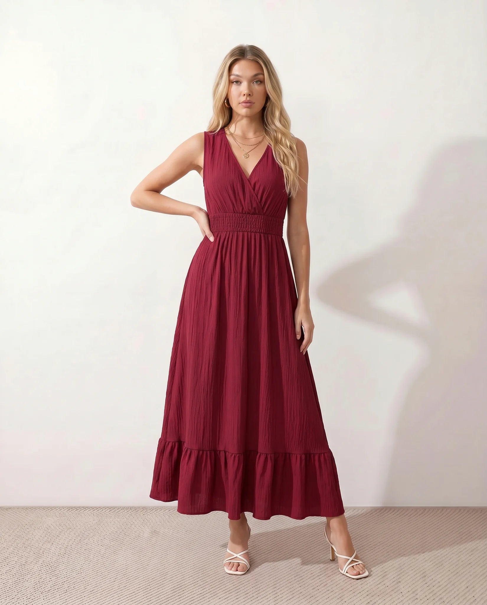 Mirtha Low Back Ruffle Detail Midi Dress in Burgundy — front view