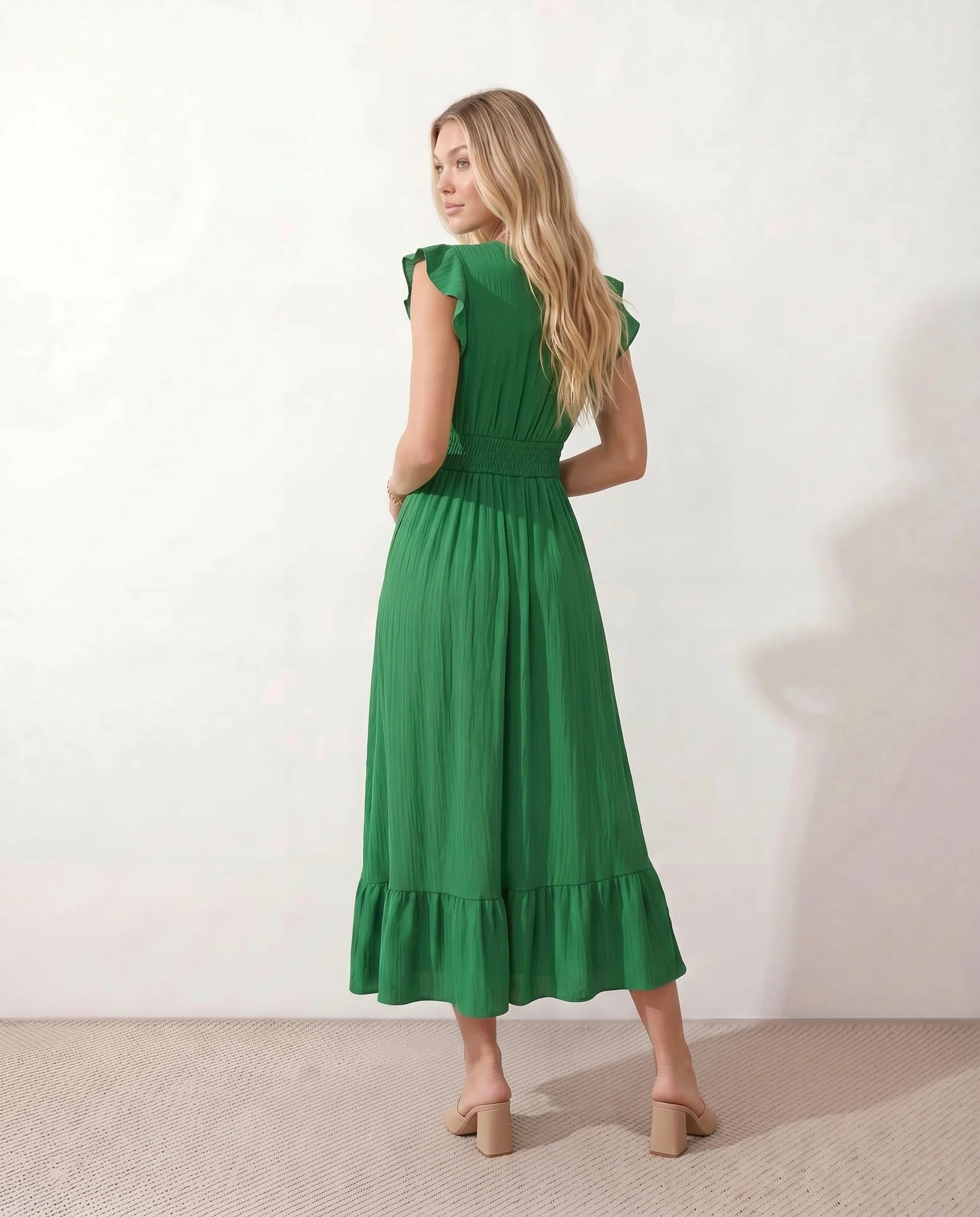 Mirtha Low Back Ruffle Detail Midi Dress in Emerald — back view