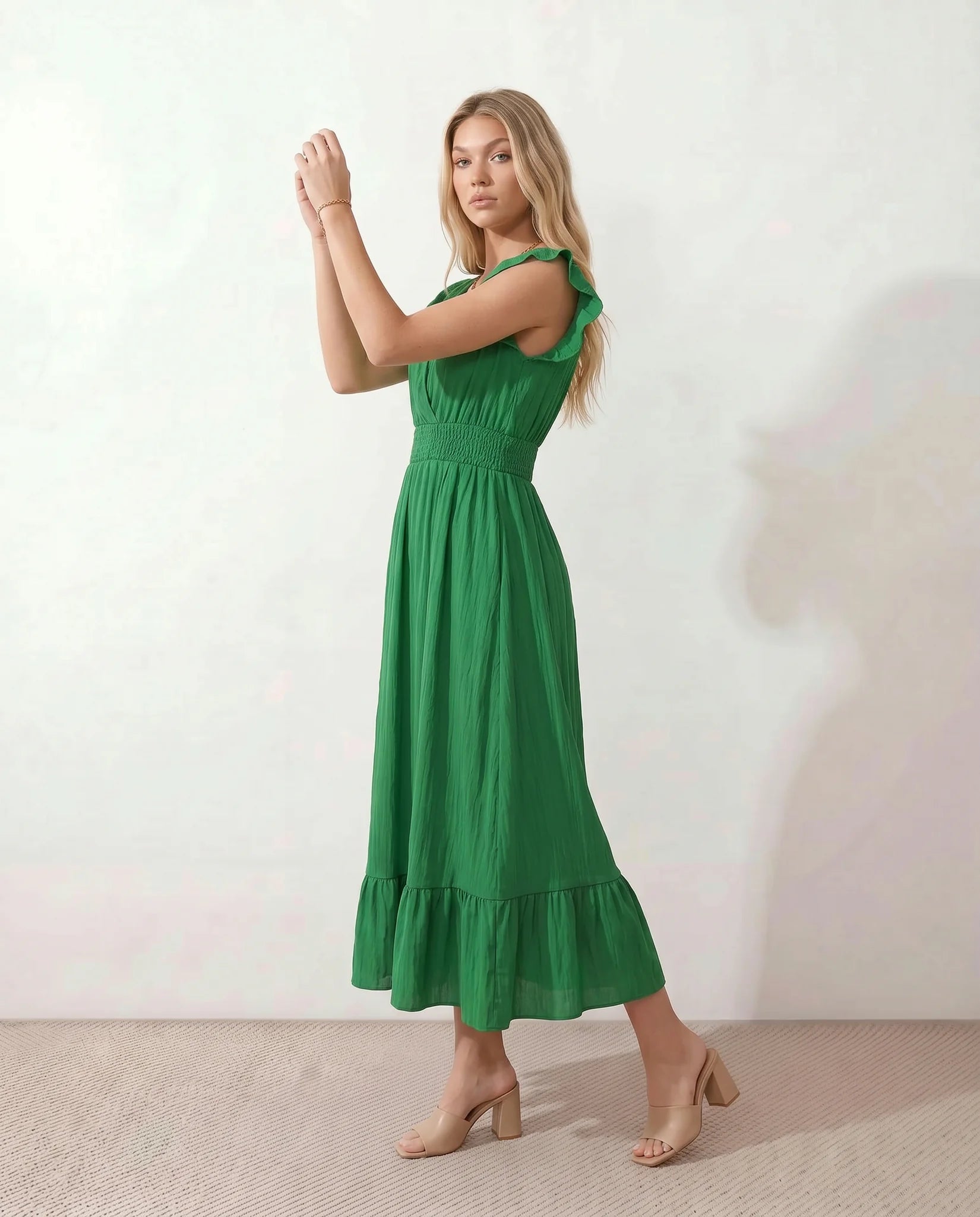 Mirtha Low Back Ruffle Detail Midi Dress in Emerald — side view
