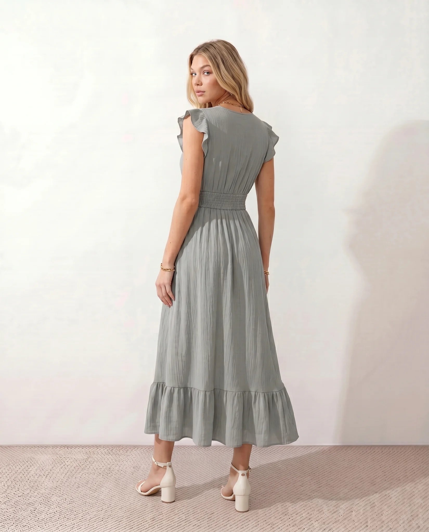 Mirtha Low Back Ruffle Detail Midi Dress in Gray — back view