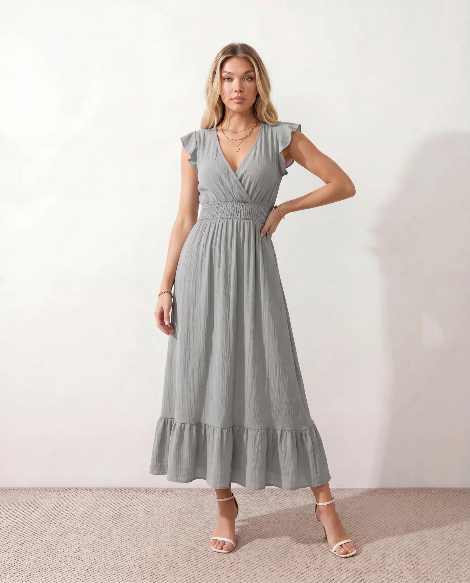 Mirtha Low Back Ruffle Detail Midi Dress in Gray — front view