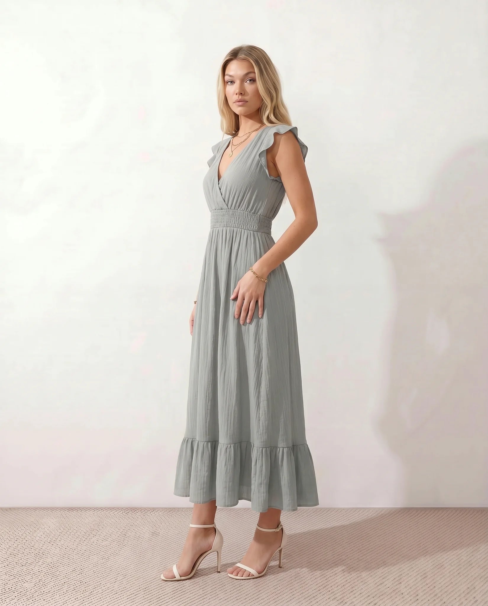 Mirtha Low Back Ruffle Detail Midi Dress in Gray — side view