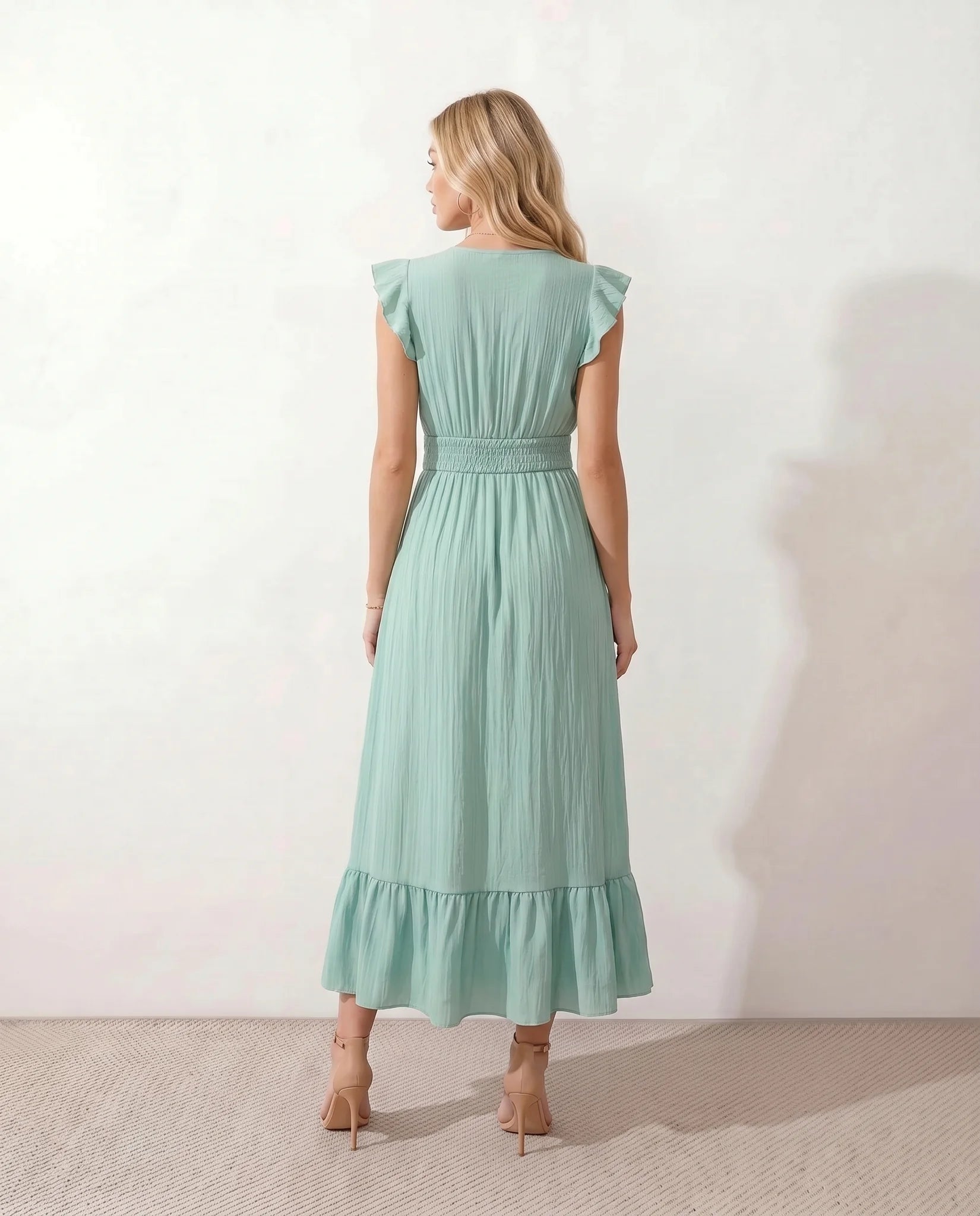 Mirtha Low Back Ruffle Detail Midi Dress in Green — back view