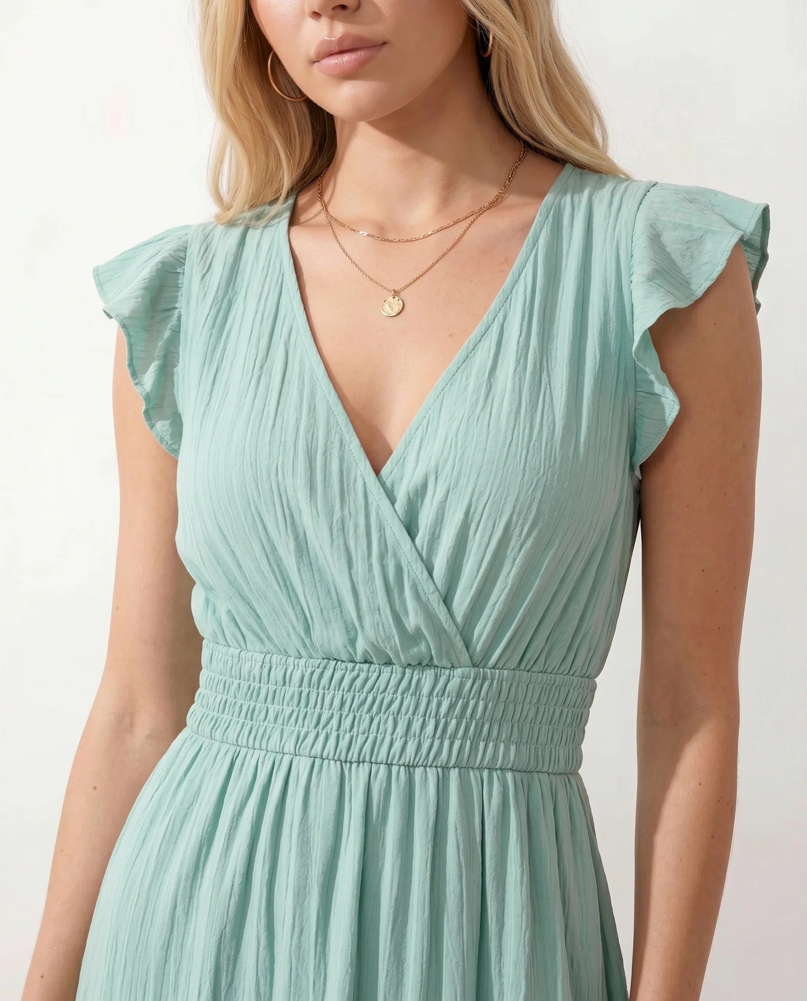 Mirtha Low Back Ruffle Detail Midi Dress in Green — detail close-up