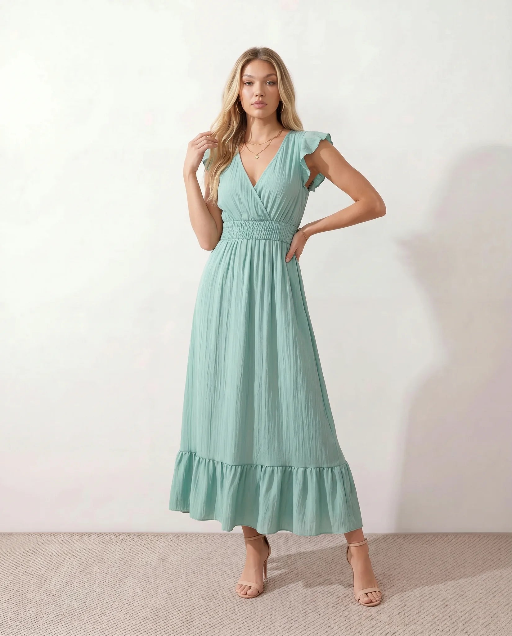 Mirtha Low Back Ruffle Detail Midi Dress in Green — front view