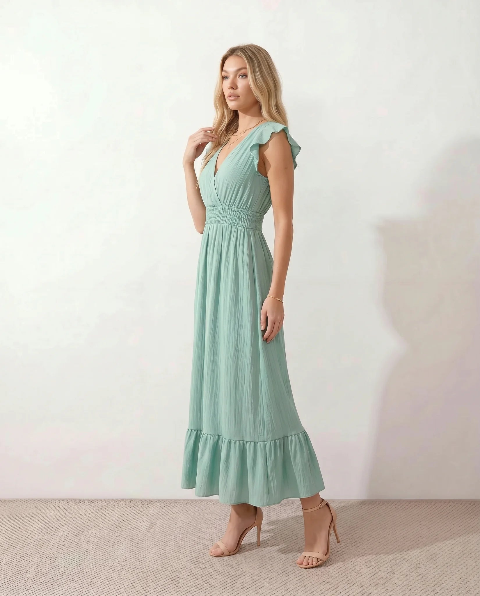 Mirtha Low Back Ruffle Detail Midi Dress in Green — side view