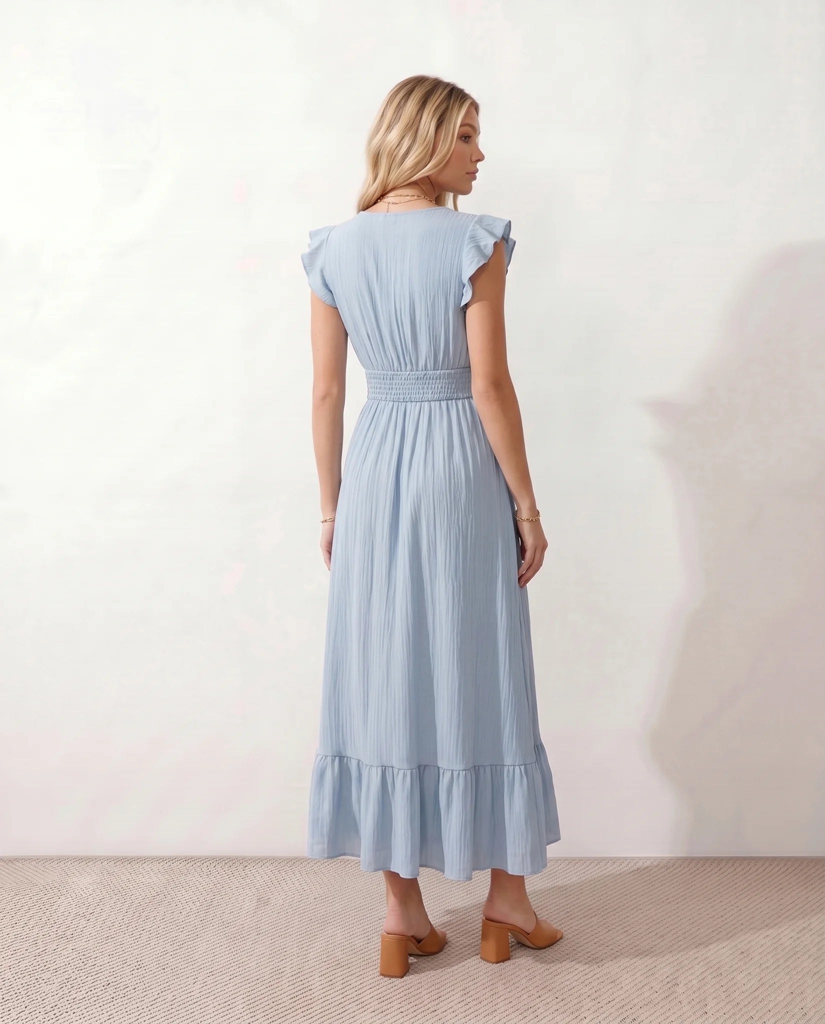 Mirtha Low Back Ruffle Detail Midi Dress in Light Blue — back view
