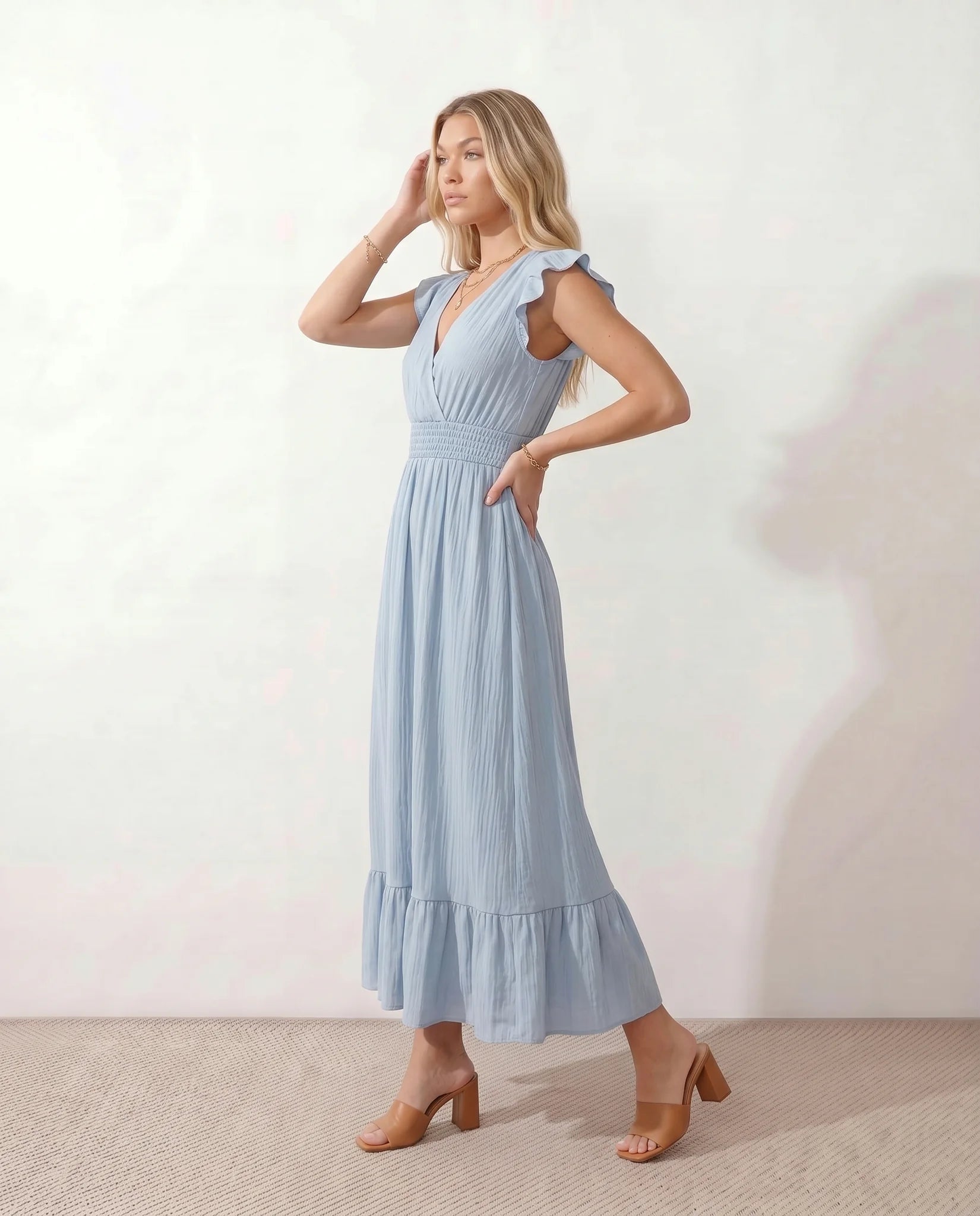 Mirtha Low Back Ruffle Detail Midi Dress in Light Blue — side view