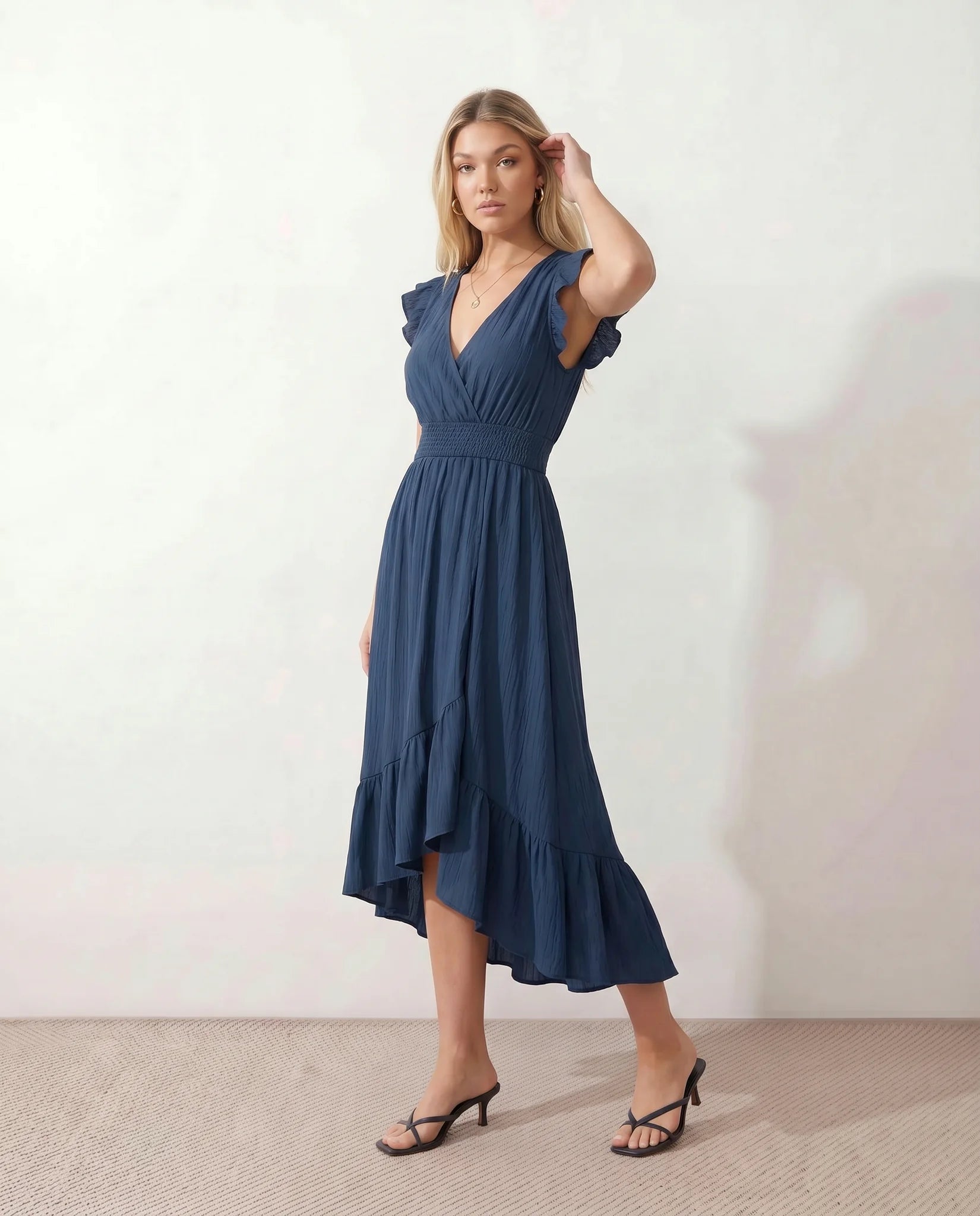 Mirtha Low Back Ruffle Detail Midi Dress in Navy — side view