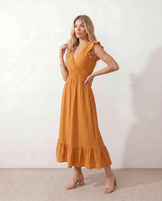 Mirtha Low Back Ruffle Detail Midi Dress in Orange — side view