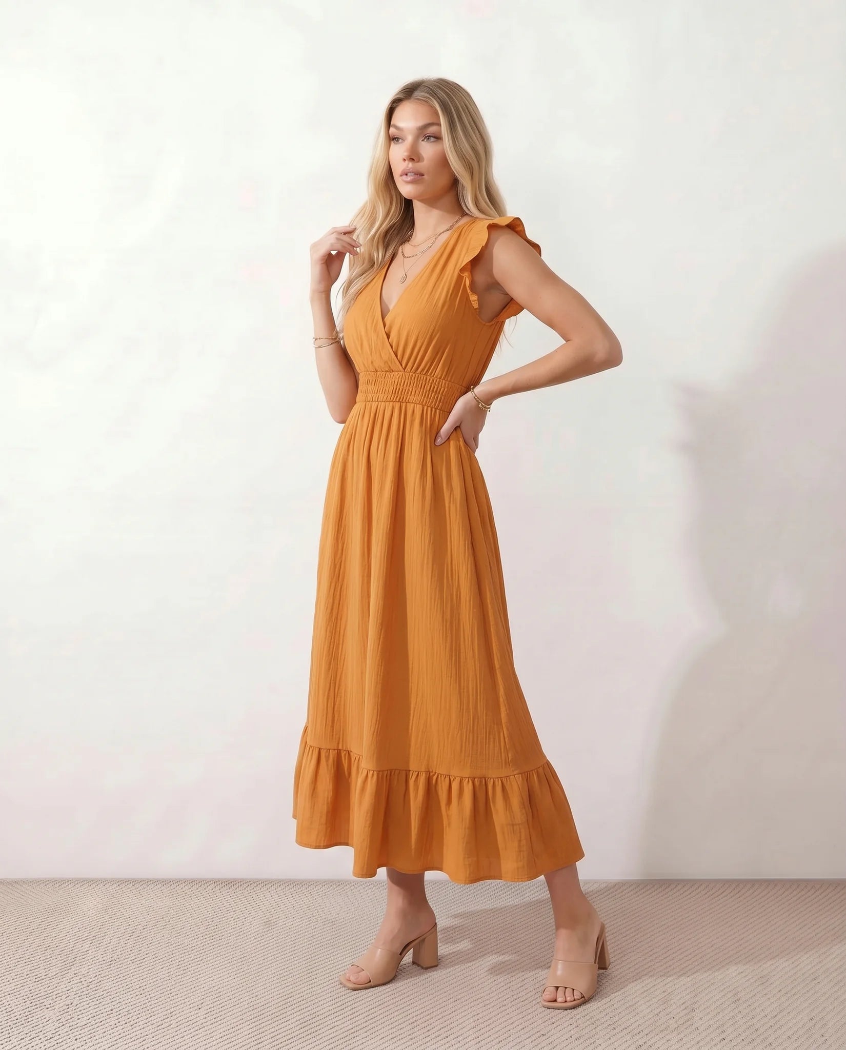 Mirtha Low Back Ruffle Detail Midi Dress in Orange — side view