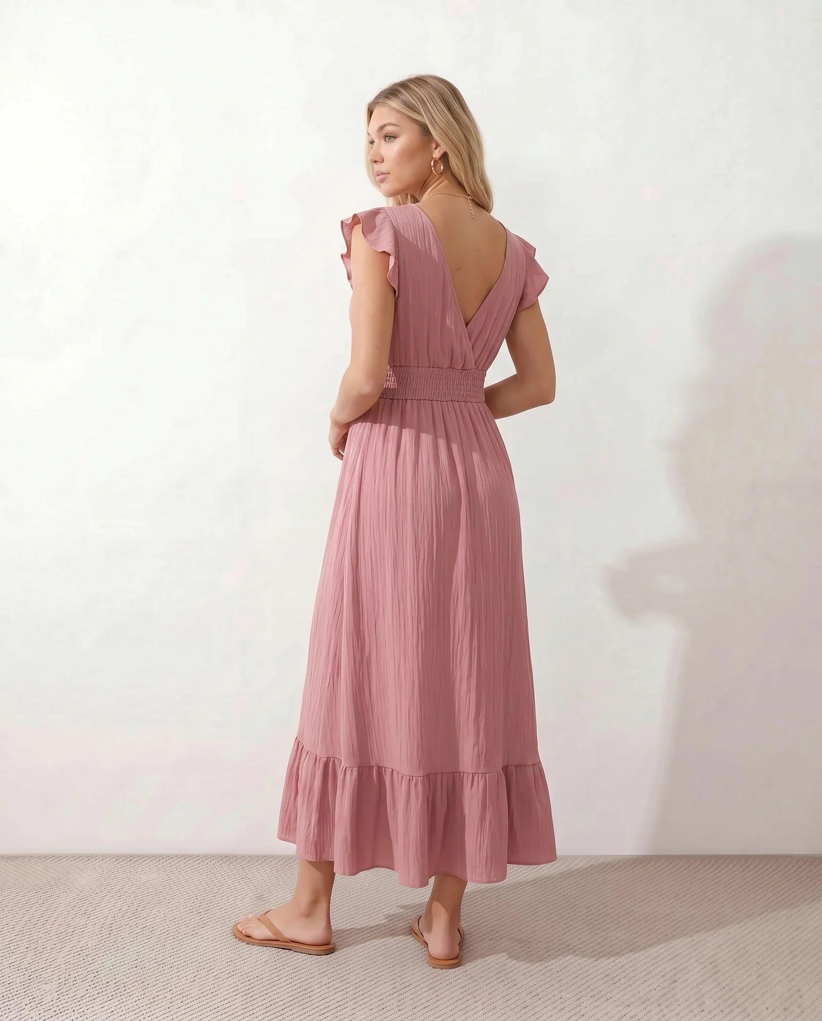 Mirtha Low Back Ruffle Detail Midi Dress in Pink — back view
