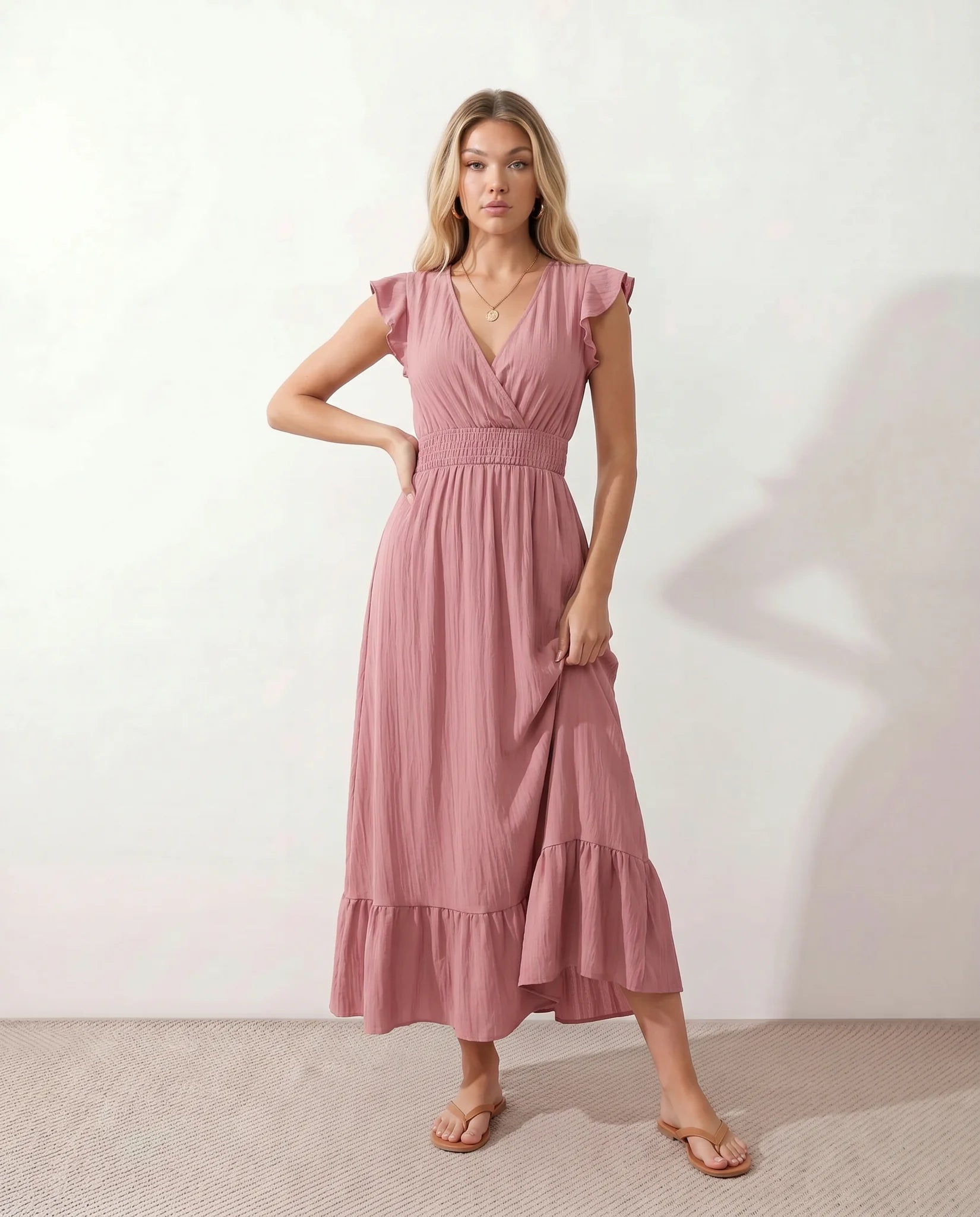 Mirtha Low Back Ruffle Detail Midi Dress in Pink — front view