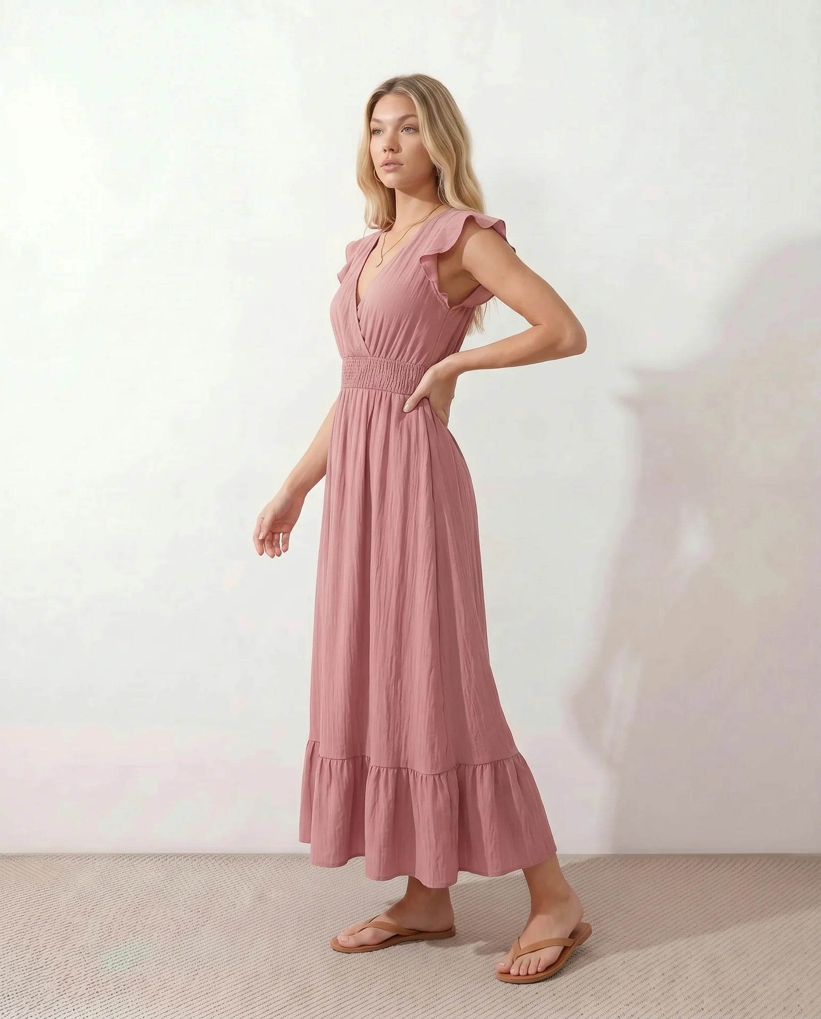 Mirtha Low Back Ruffle Detail Midi Dress in Pink — side view