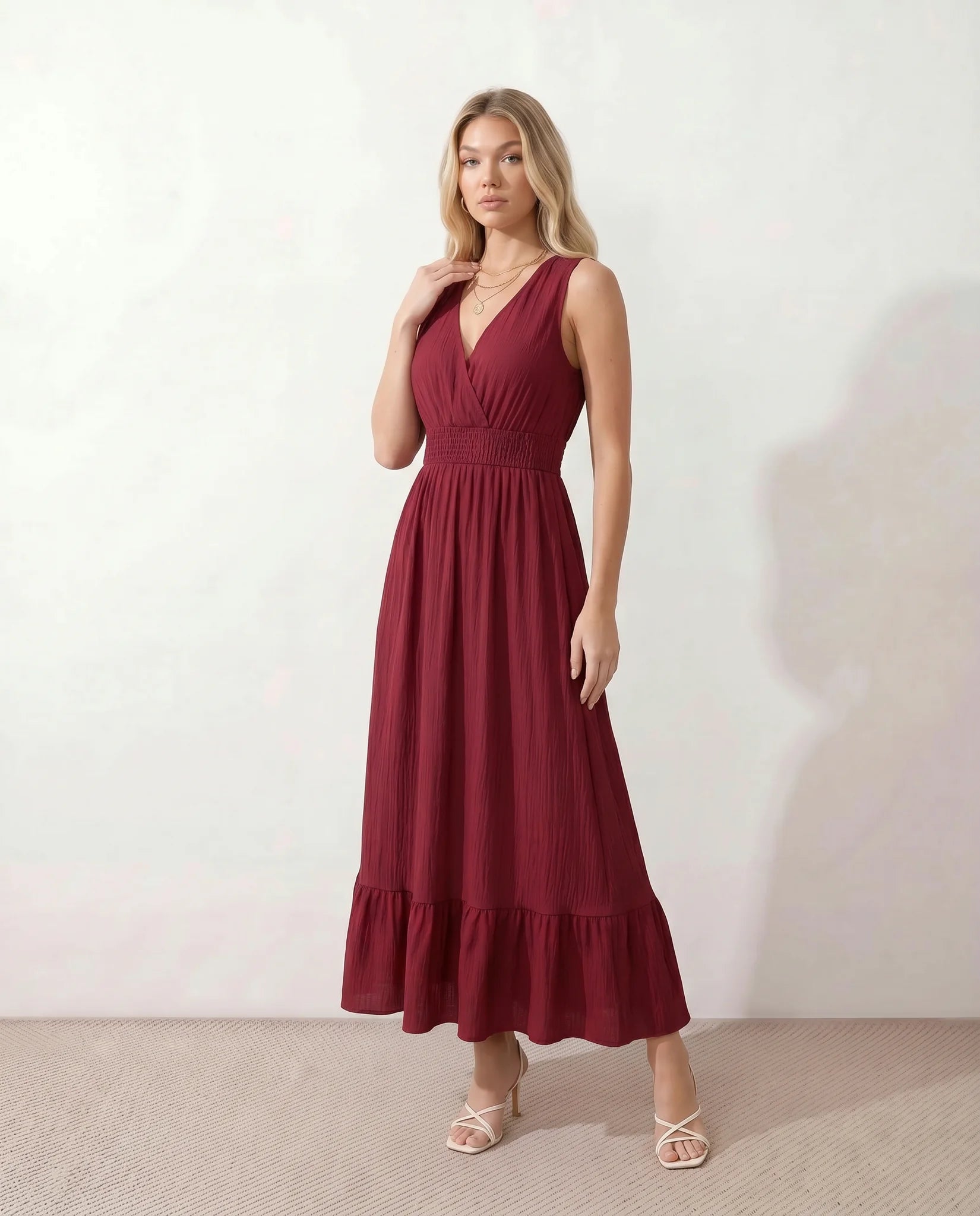 Mirtha Low Back Ruffle Detail Midi Dress in Red — side view