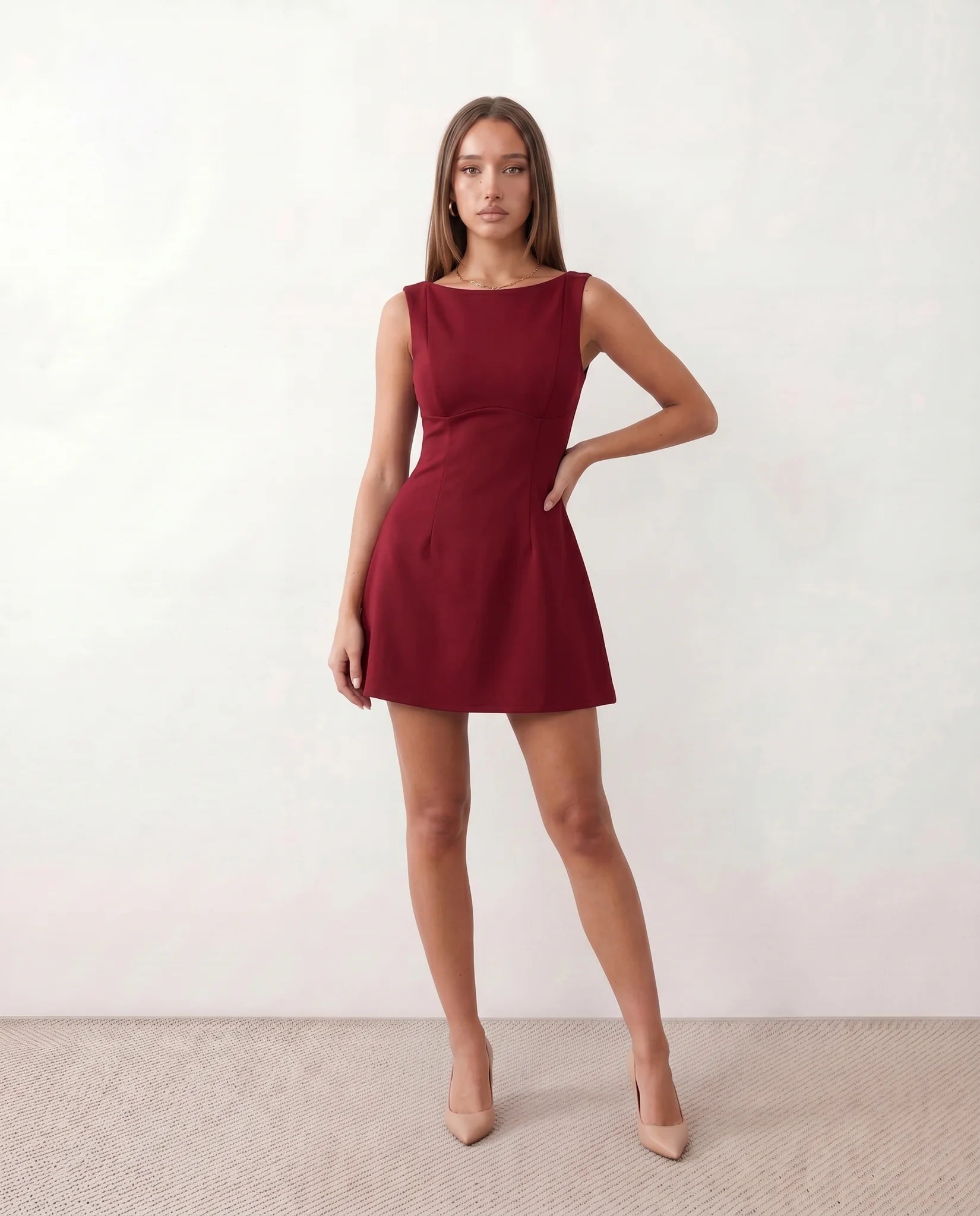Beata Low Back Cutout Mini Dress in Burgundy — front view