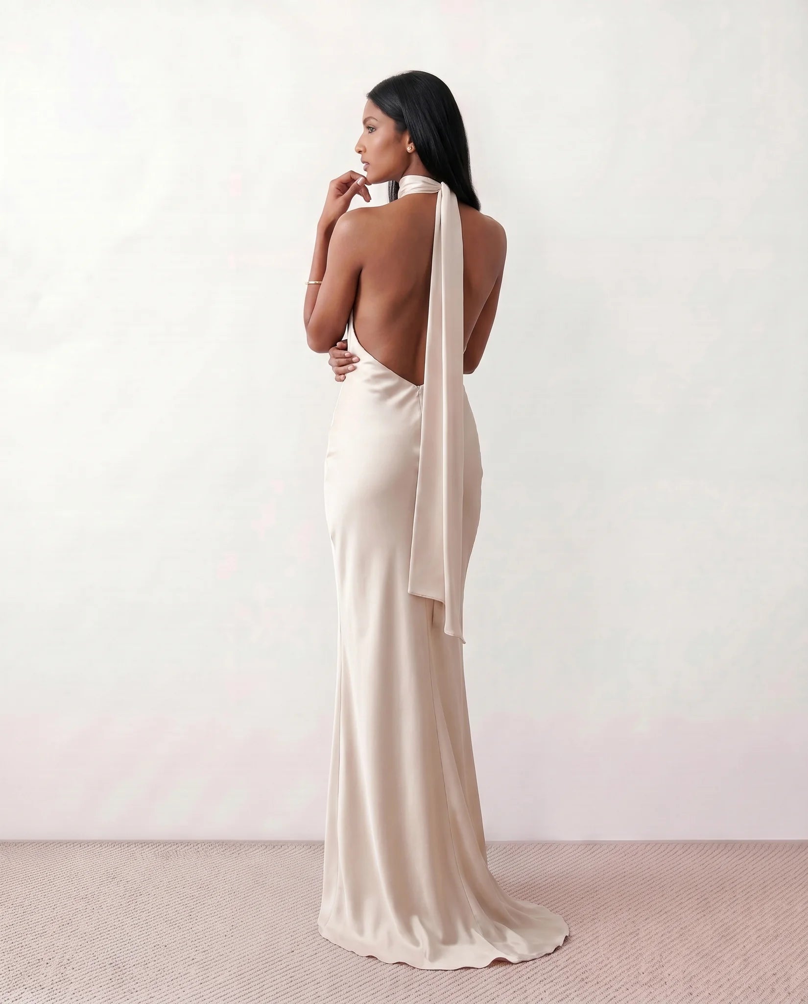 Winnie Satin Halter Maxi Dress in Beige — back view