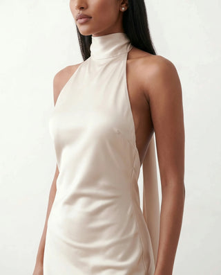 Winnie Satin Halter Maxi Dress in Beige — detail close-up
