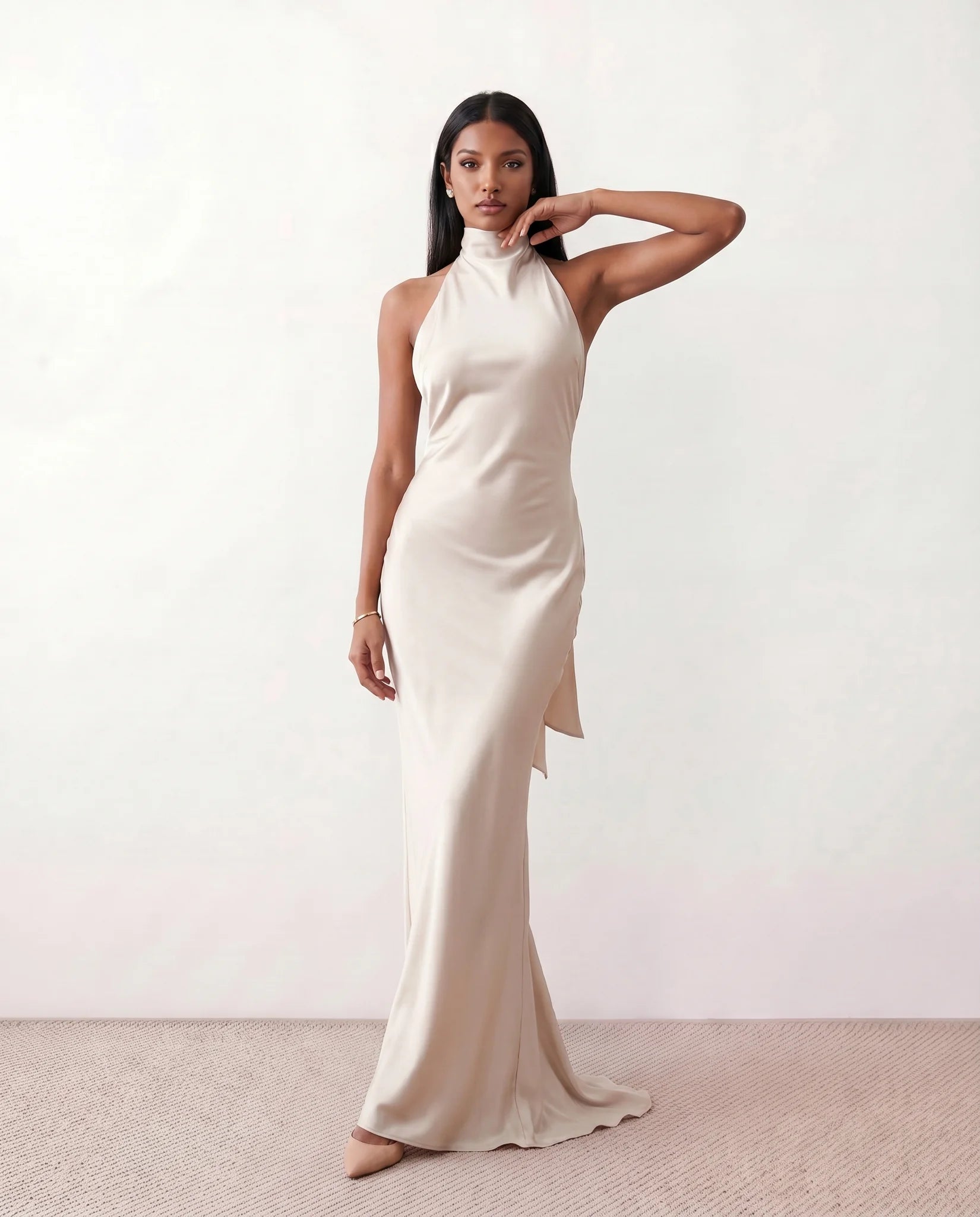 Winnie Satin Halter Maxi Dress in Beige — front view
