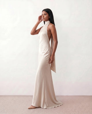 Winnie Satin Halter Maxi Dress in Beige — side view