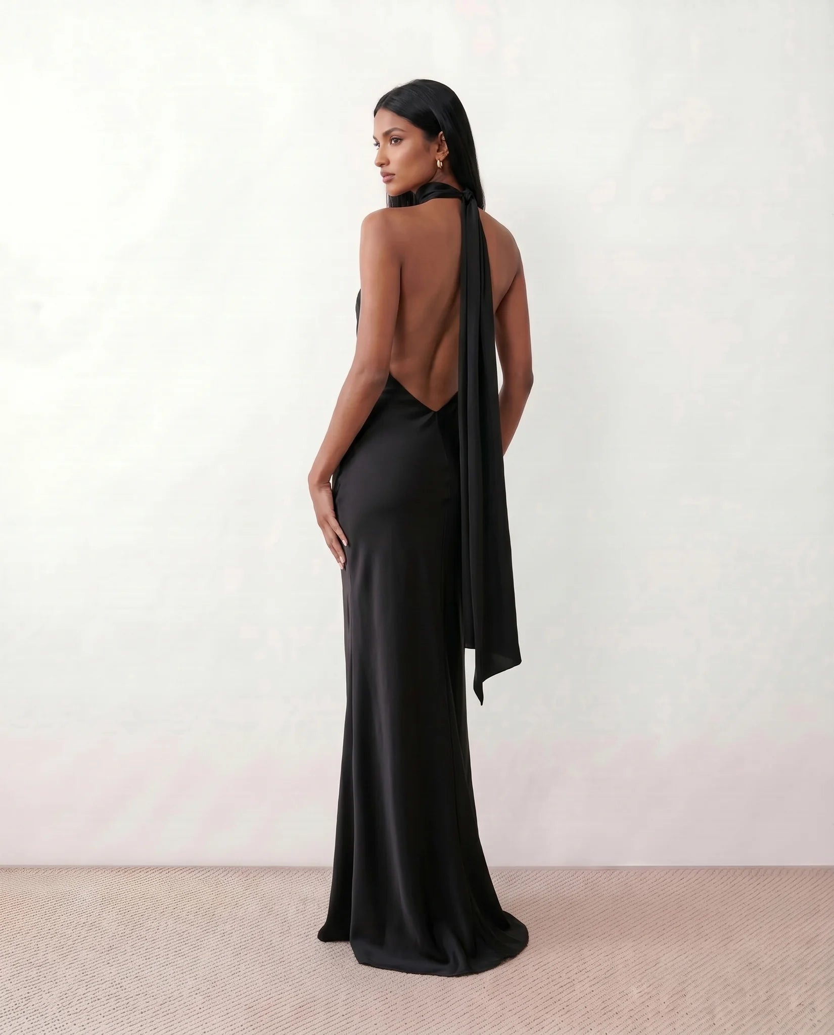 Winnie Satin Halter Maxi Dress in Black — back view