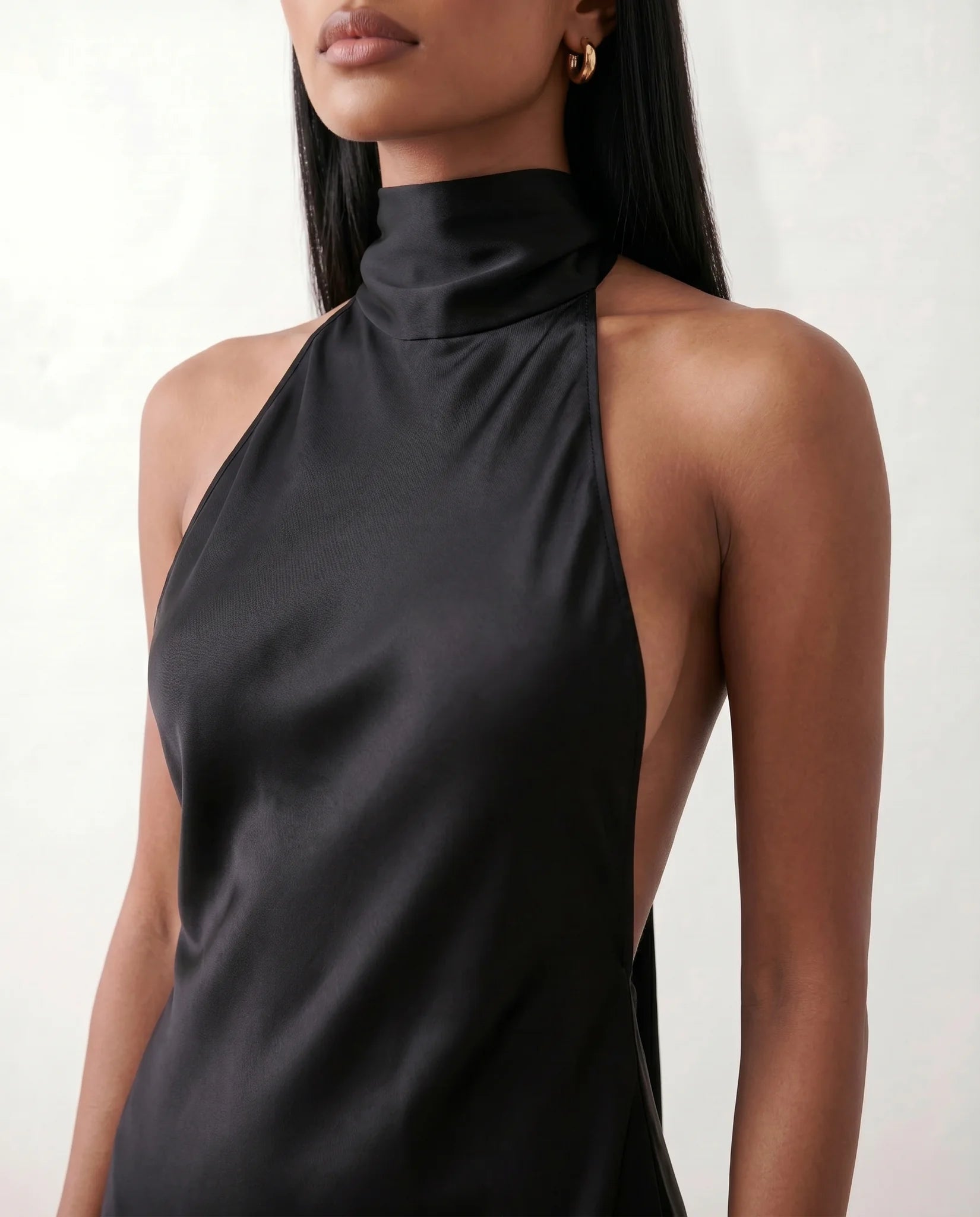 Winnie Satin Halter Maxi Dress in Black — detail close-up