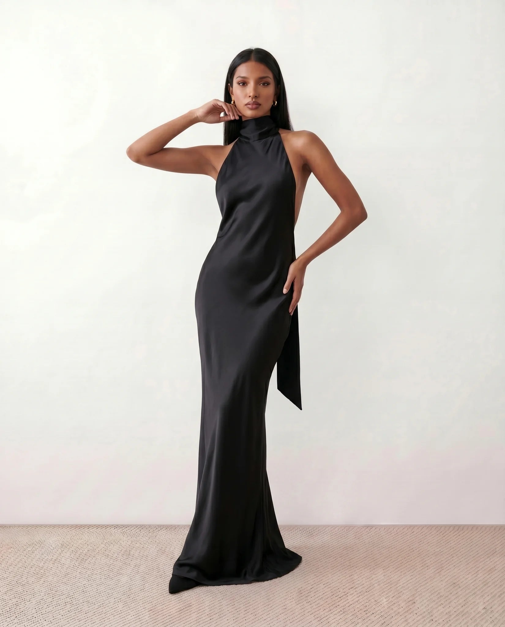 Winnie Satin Halter Maxi Dress in Black — front view