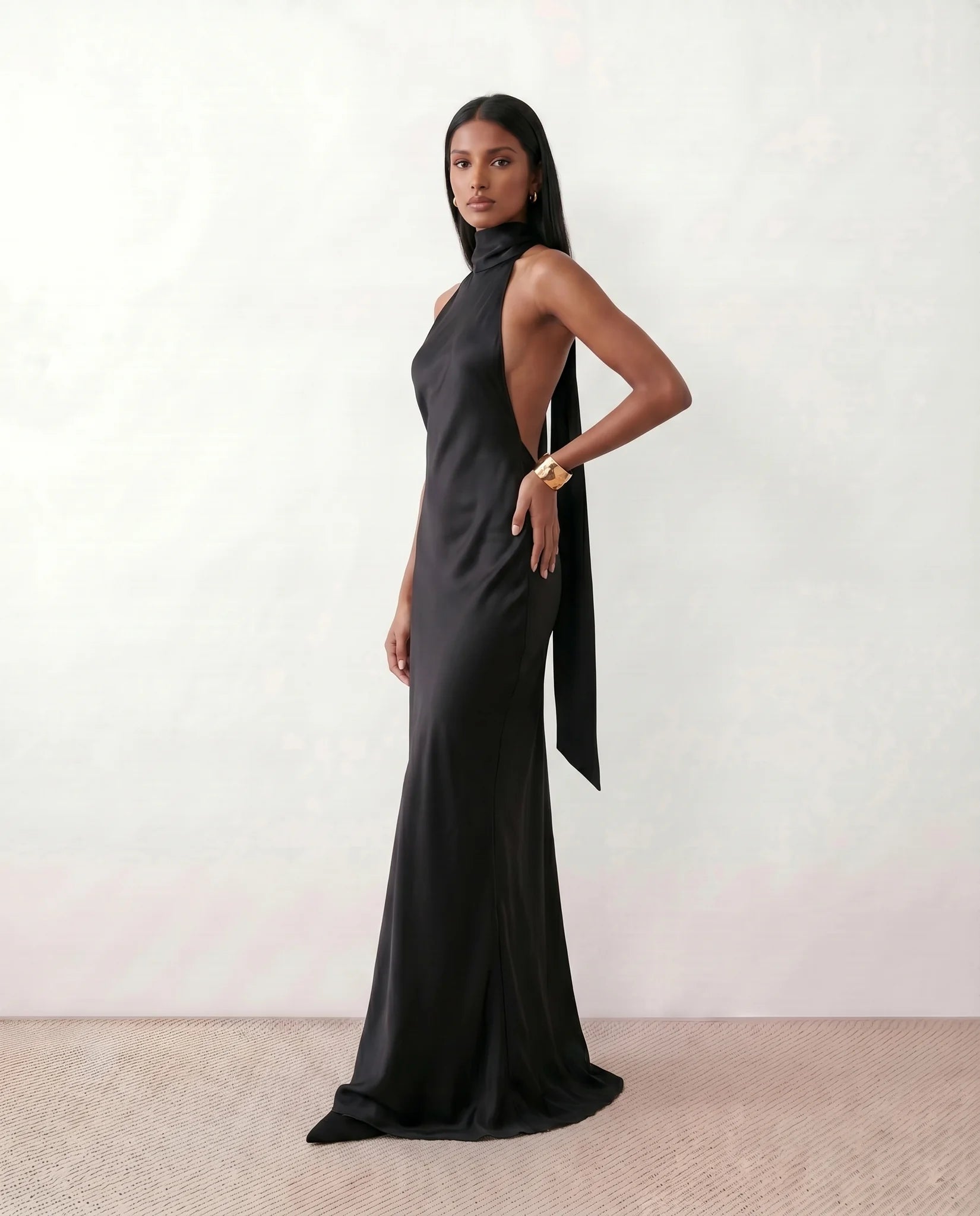 Winnie Satin Halter Maxi Dress in Black — side view