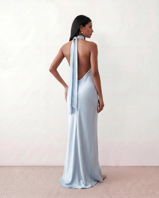 Winnie Satin Halter Maxi Dress in Blue — back view