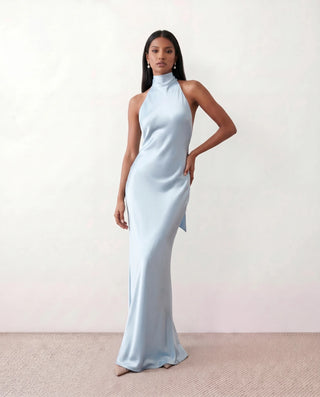 Winnie Satin Halter Maxi Dress in Blue — front view
