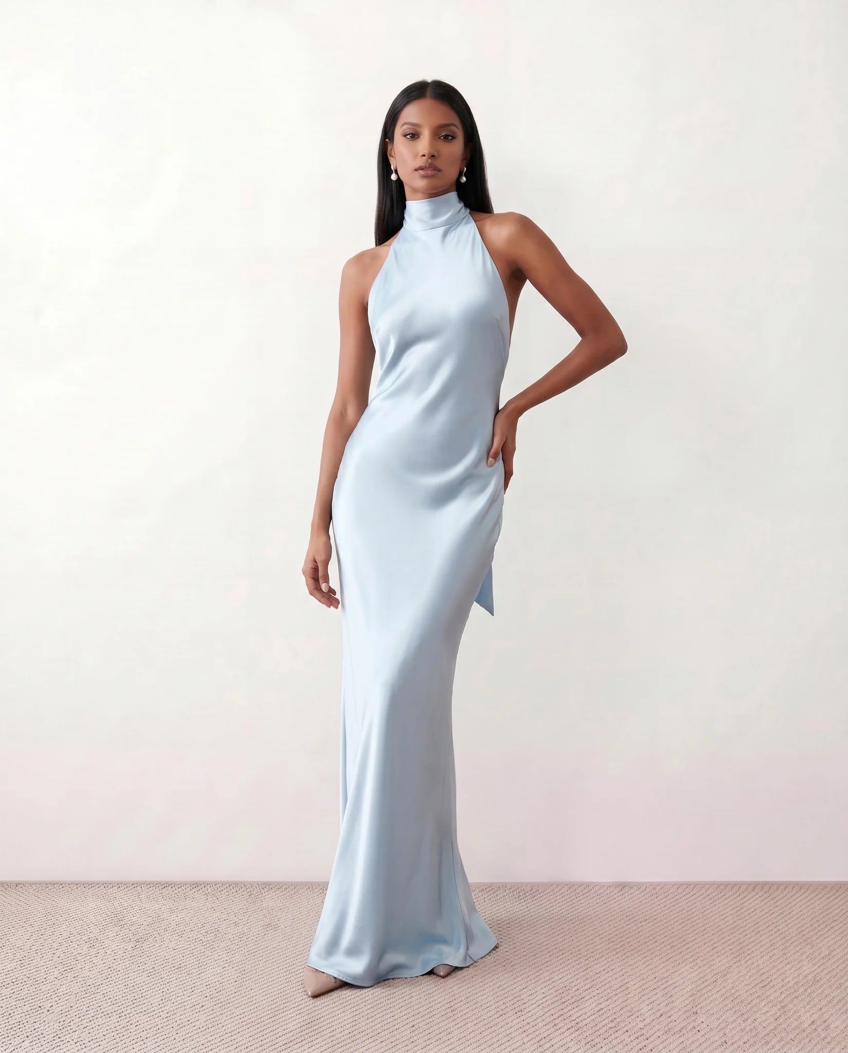 Winnie Satin Halter Maxi Dress in Blue — front view