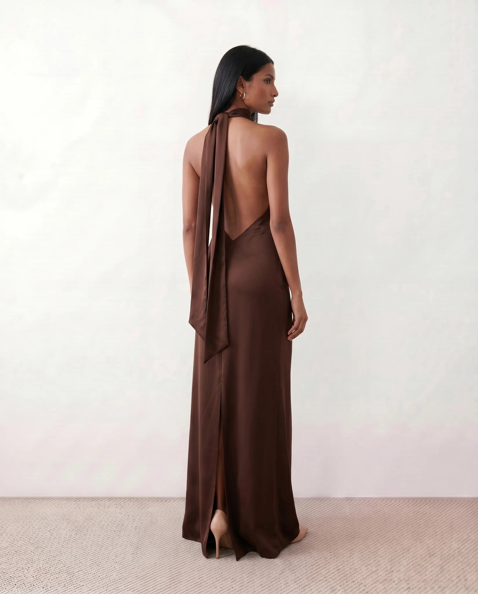 Winnie Satin Halter Maxi Dress in Brown — back view
