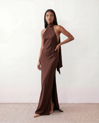 Winnie Satin Halter Maxi Dress in Brown — front view