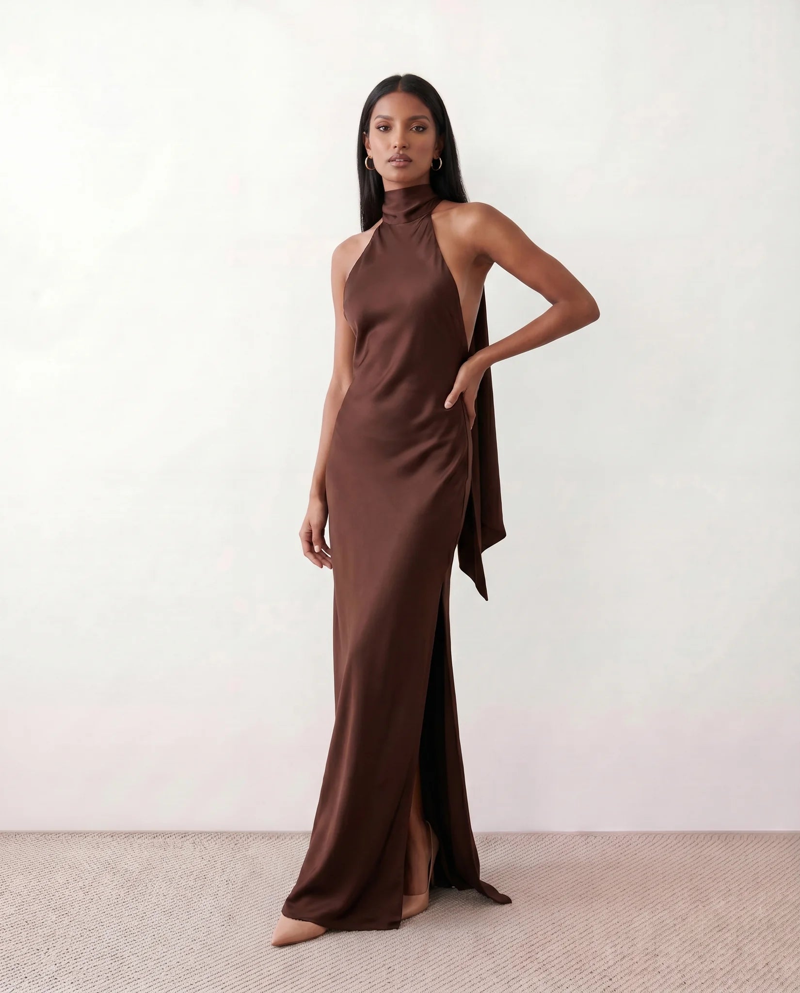 Winnie Satin Halter Maxi Dress in Brown — front view