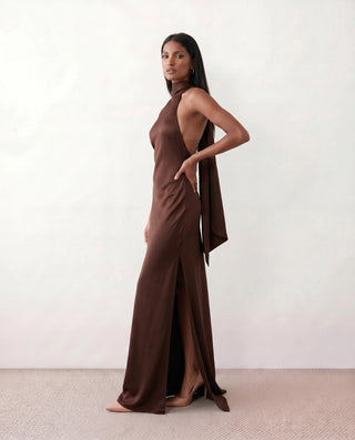 Winnie Satin Halter Maxi Dress in Brown — side view