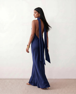 Winnie Satin Halter Maxi Dress in Navy — back view