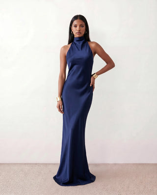 Winnie Satin Halter Maxi Dress in Navy — front view